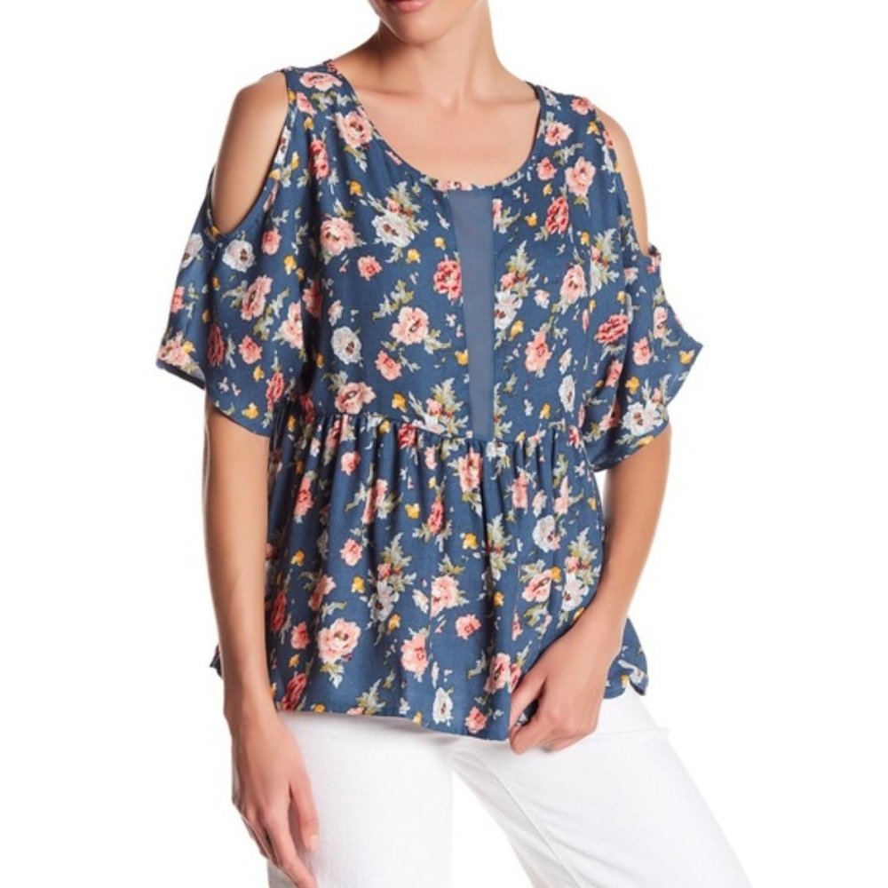 Bobeau Floral Peplum Cold Shoulder Blouse Small